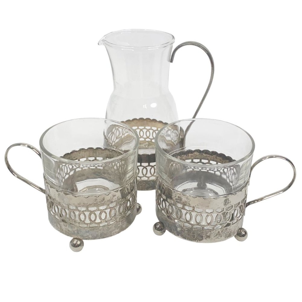 Vtg Duralex Glass Espresso Coffee Tea Cups Creamer France Silver Plate Holders